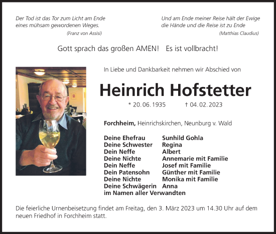 Anzeige von Heinrich Hofstetter von MGO