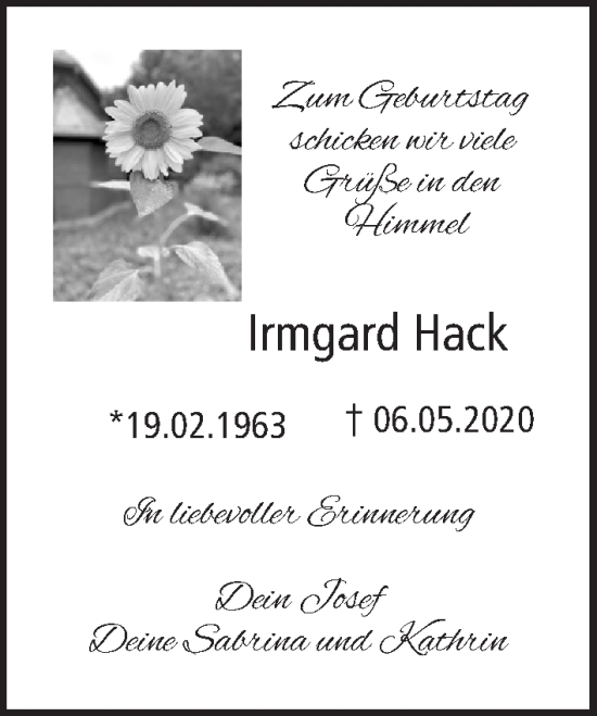 Anzeige von Irmgard Hack von MGO