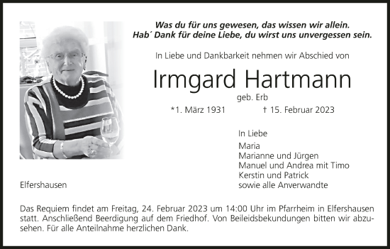 Anzeige von Irmgard Hartmann von MGO