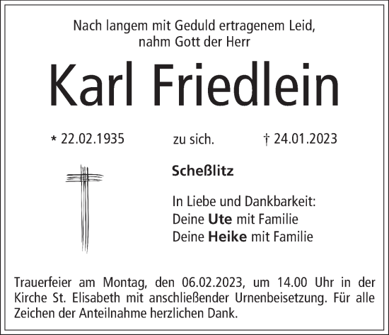 Anzeige von Karl Friedlein von MGO