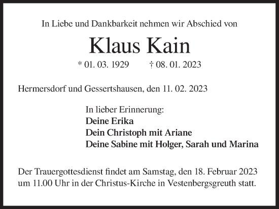 Anzeige von Klaus Kain von MGO