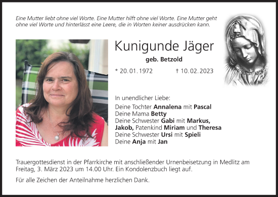 Anzeige von Kunigunde Jäger von MGO