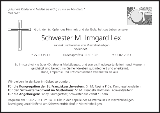 Anzeige von M. Irmgard Lex von MGO