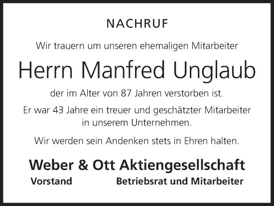 Anzeige von Manfred Unglaub von MGO