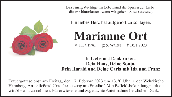 Anzeige von Marianne Ort von MGO