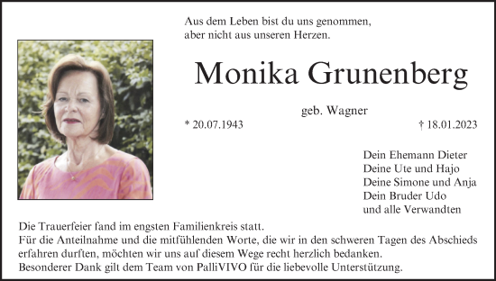 Anzeige von Monika Grunenberg von MGO