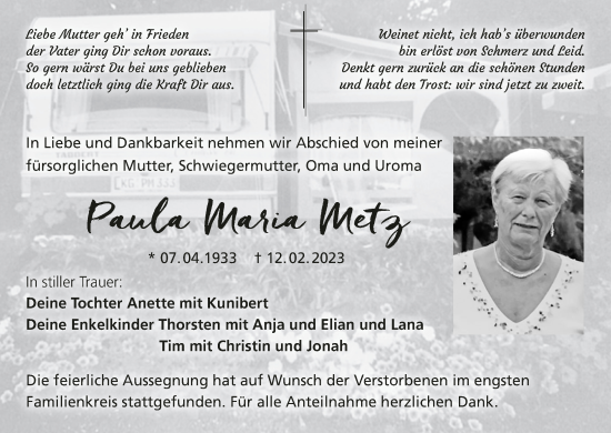 Anzeige von Paula Maria Metz von MGO