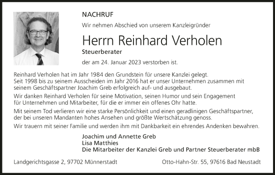 Anzeige von Reinhard Verholen von MGO