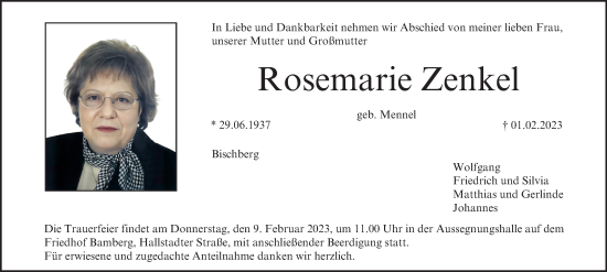 Anzeige von Rosemarie Zenkel von MGO