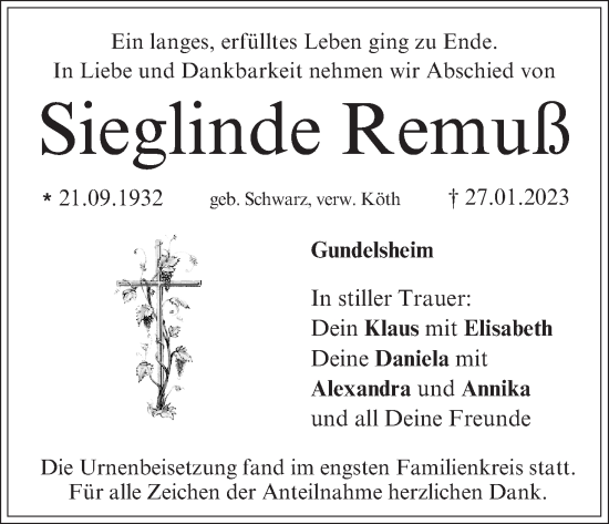 Anzeige von Sieglinde Remuß von MGO