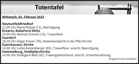 Anzeige von Totentafel vom 01.02.2023 von MGO