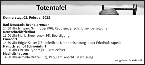 Anzeige von Totentafel vom 02.02.2023 von MGO