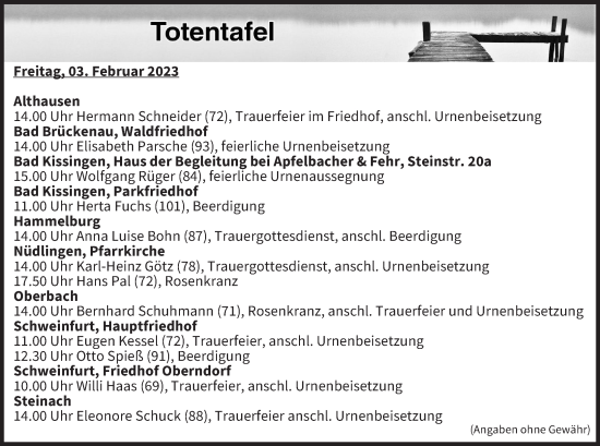 Anzeige von Totentafel vom 03.02.2023 von MGO