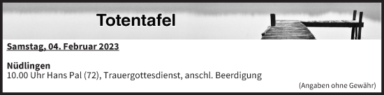 Anzeige von Totentafel vom 04.02.2023 von MGO