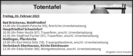 Anzeige von Totentafel vom 06.02.2023 von MGO