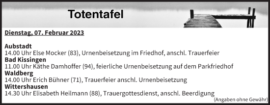 Anzeige von Totentafel vom 07.02.2023 von MGO