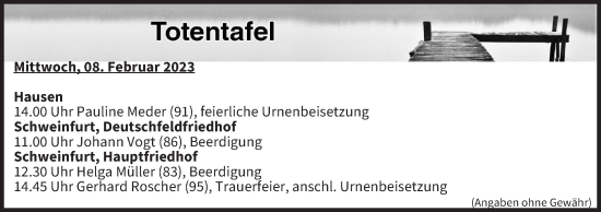 Anzeige von Totentafel vom 08.02.2023 von MGO