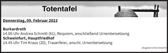 Anzeige von Totentafel vom 09.02.2023 von MGO