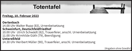 Anzeige von Totentafel vom 10.02.2023 von MGO