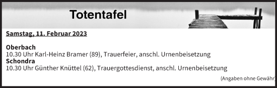 Anzeige von Totentafel vom 11.02.2023 von MGO