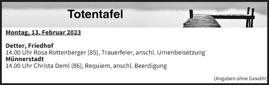 Anzeige von Totentafel vom 13.02.2023 von MGO