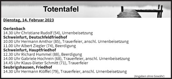 Anzeige von Totentafel vom 14.02.2023 von MGO