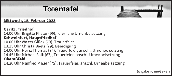 Anzeige von Totentafel vom 15.02.2023 von MGO