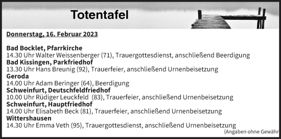 Anzeige von Totentafel vom 16.02.2023 von MGO