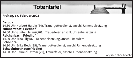 Anzeige von Totentafel vom 17.02.2023 von MGO