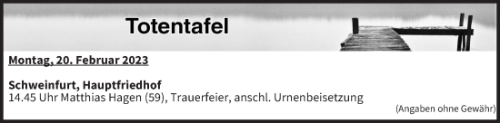Anzeige von Totentafel vom 20.02.2023 von MGO