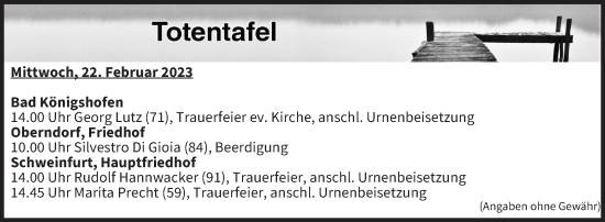 Anzeige von Totentafel vom 22.02.2023 von MGO