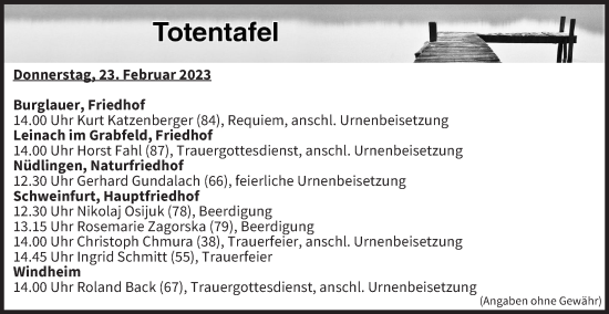 Anzeige von Totentafel vom 23.02.2023 von MGO