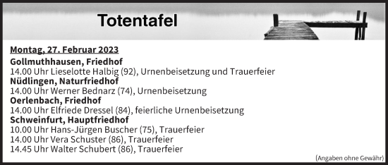 Anzeige von Totentafel vom 27.02.2023 von MGO