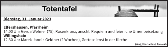 Anzeige von Totentafel vom 31.01.2023 von MGO