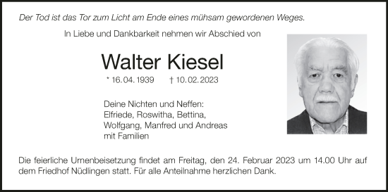 Anzeige von Walter Kiesel von MGO