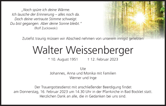 Anzeige von Walter Weissenberger von MGO