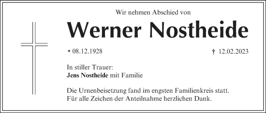 Anzeige von Werner Nostheide von MGO