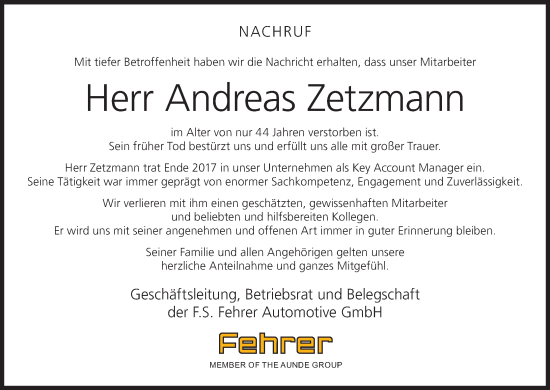 Anzeige von Andreas Zetzmann von MGO