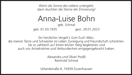 Anzeige von Anna-Luise Bohn von MGO