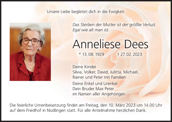 Anzeige von Anneliese Dees von MGO