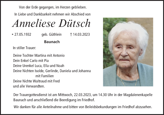 Anzeige von Anneliese Dütsch von MGO