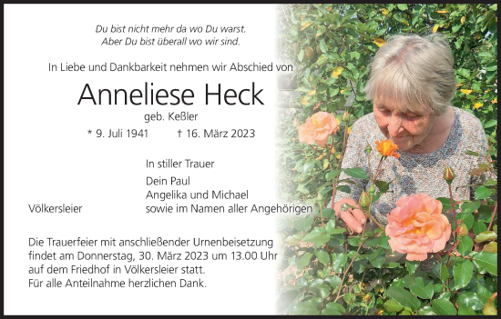 Anzeige von Anneliese Heck von MGO