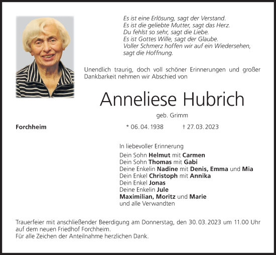 Anzeige von Anneliese Hubrich von MGO