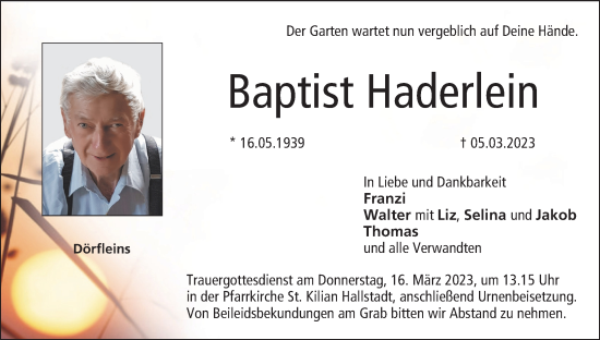 Anzeige von Baptist Haderlein von MGO