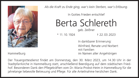 Anzeige von Berta Schlereth von MGO