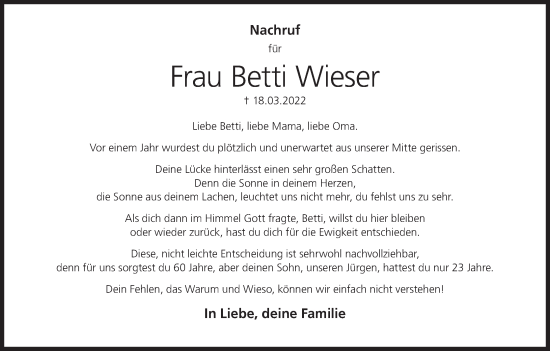 Anzeige von Betti Wieser von MGO