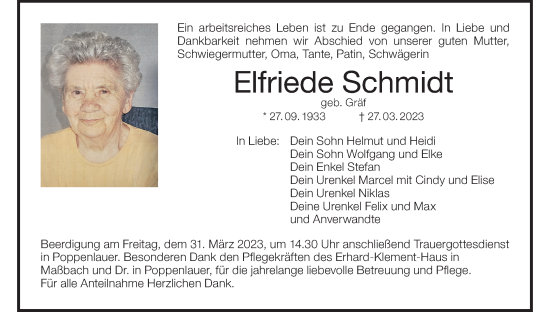 Anzeige von Elfriede Schmidt von MGO