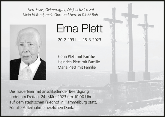 Anzeige von Erna Plett von MGO