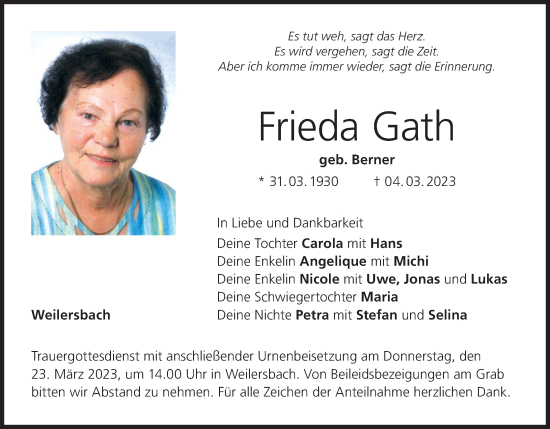 Anzeige von Frieda Gath von MGO