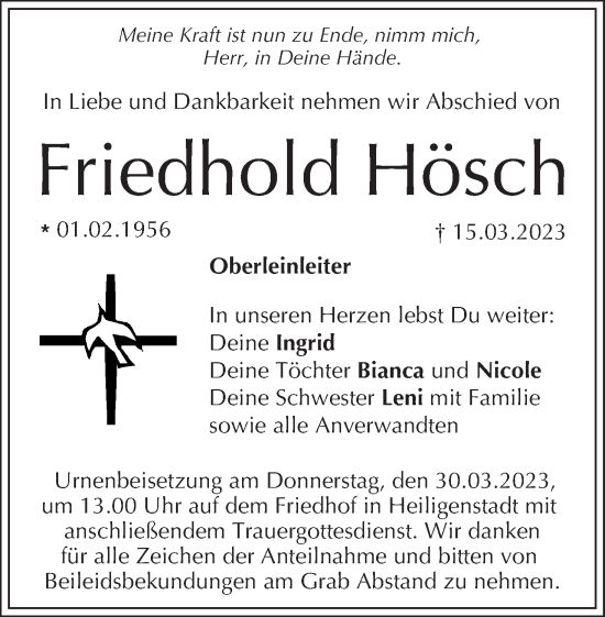 Anzeige von Friedhold Hösch von MGO